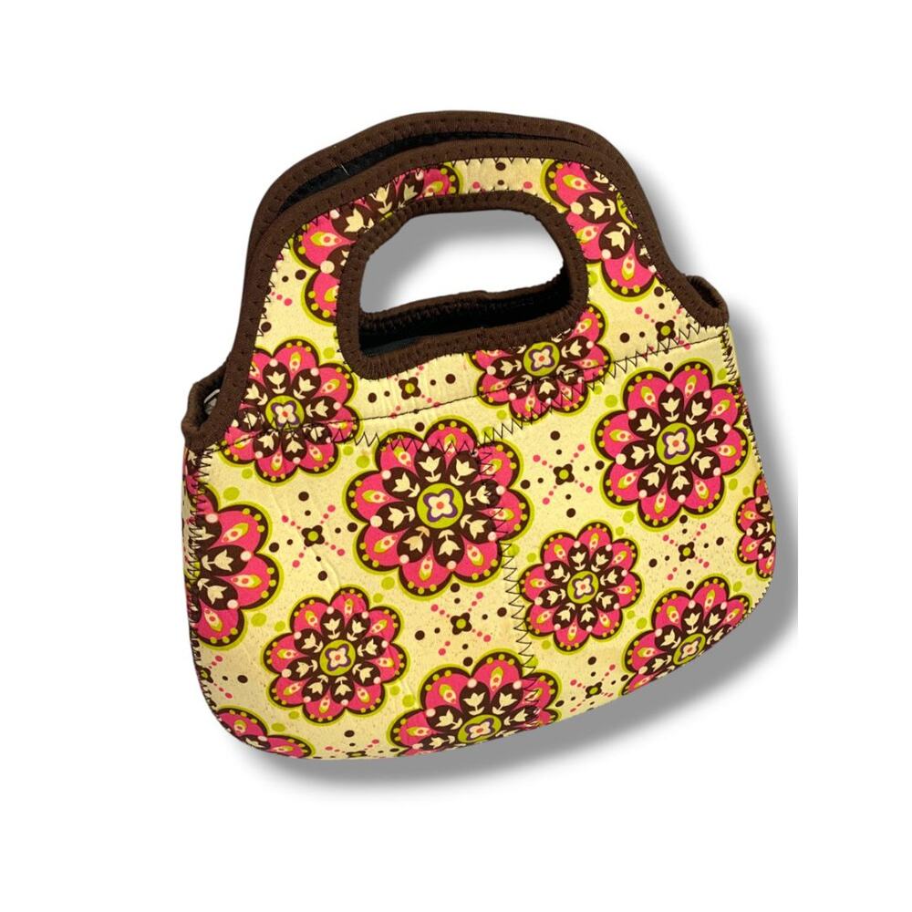 Neoprene Lunch Tote Yellow Pink Floral Handles 8" x 11"‎ Zip Top